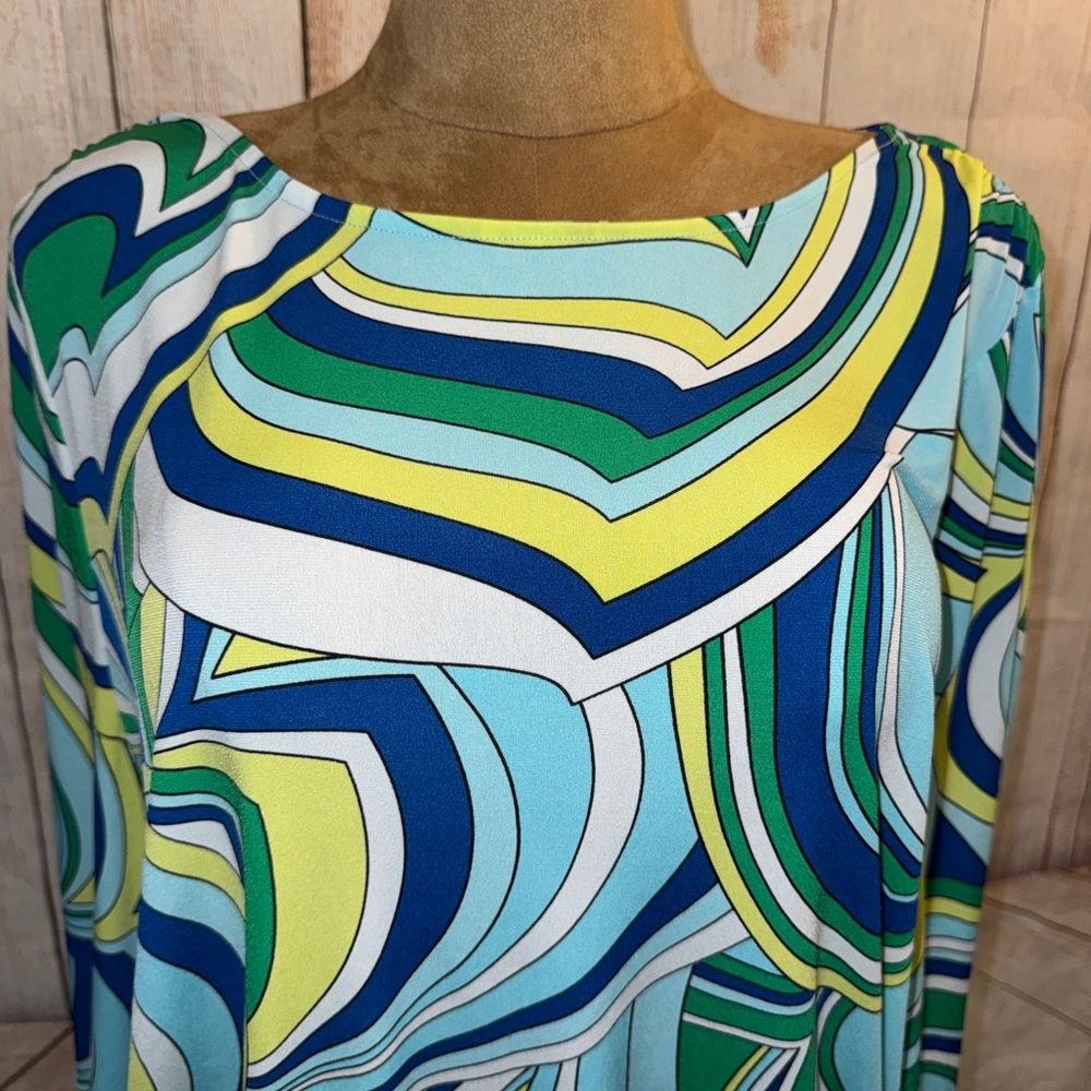Chico's Multicolor Swirl Print Long Sleeve Blouse - cold shoulder bell sleeve XL - Picture 2 of 9